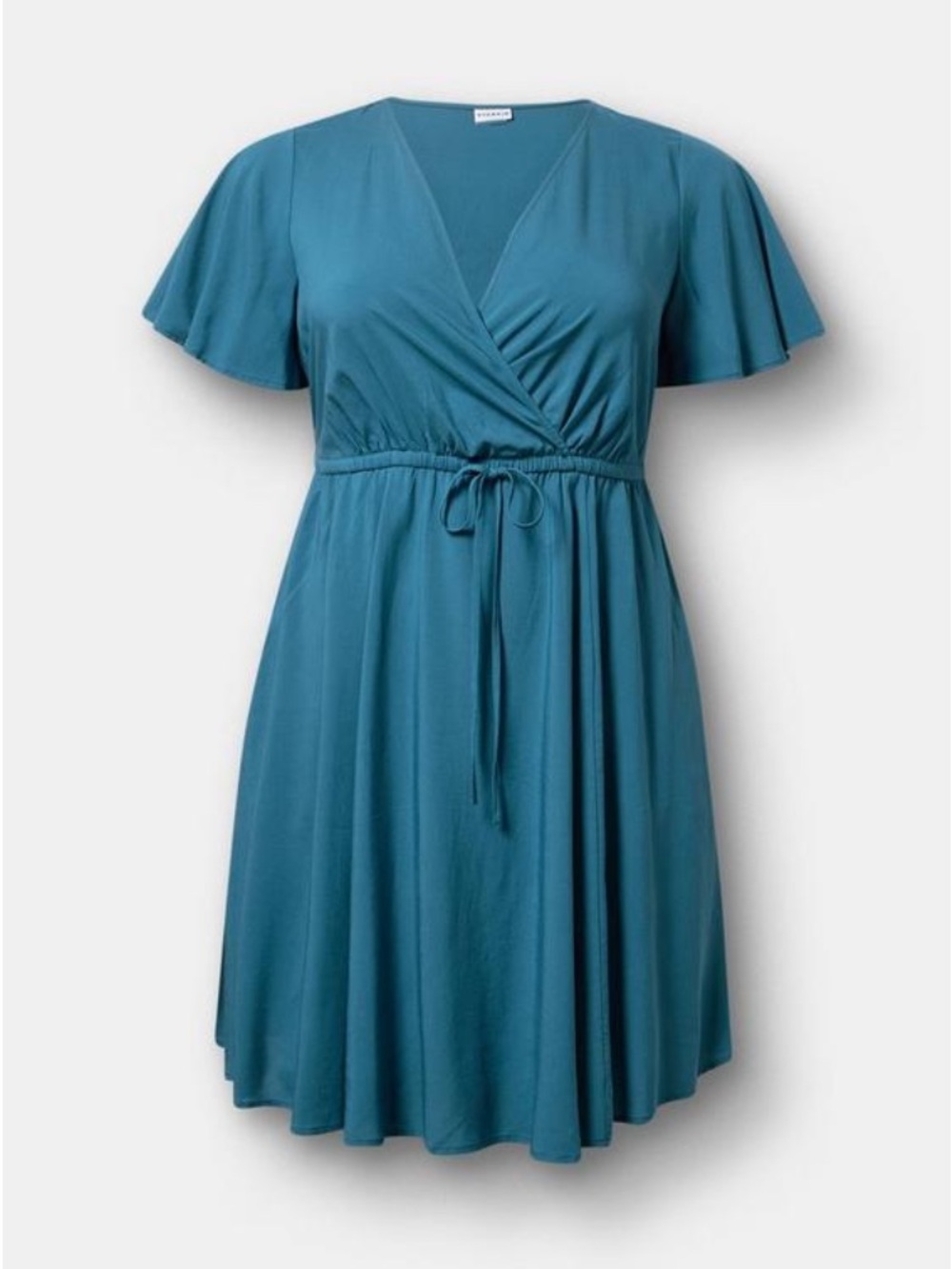Torrid Surplice Flutter Sleeve Mini Dress Size 00/US10 Mallard Blue Pockets